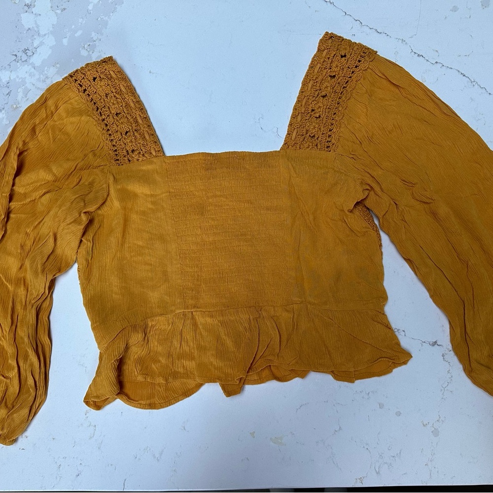 American Eagle Mustard Crochet Peasant Blouse - Picture 4 of 5